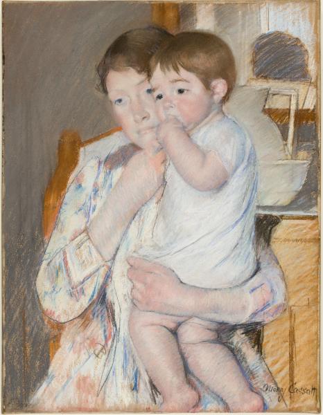 Mary Cassatt Femme et enfant devant une tablette où sont posés un broc et une cuvette, 1889 Pastel sur papier beige collé sur châssis entoilé H. 65 ; L. 50 cm. Collection Musée d'Orsay Donation sous réserve d'usufruit Jean-Pierre Hugot et Mlle Louis Hugot, 1968 © photo : Musée d’Orsay, Dist. RMN-Grand Palais / Patrice Schmidt