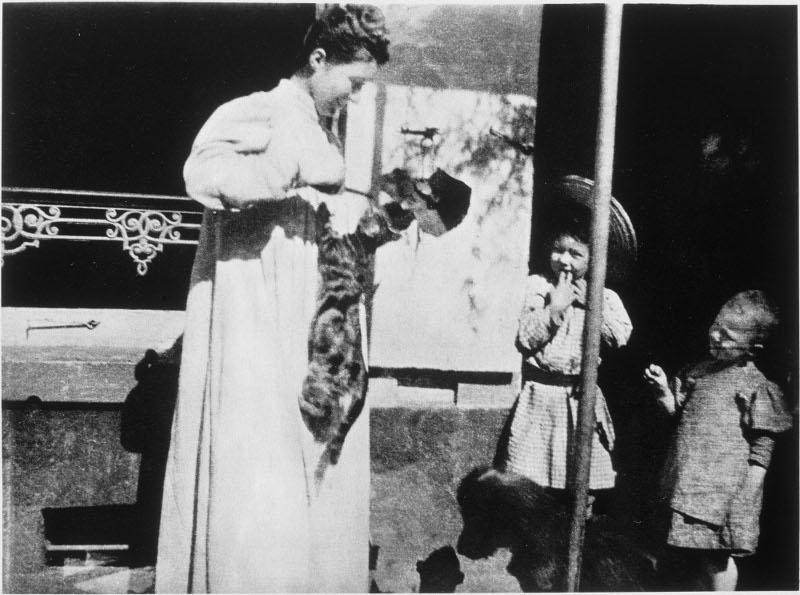 Un chat saute sur la robe d'Andrée Terrasse, Renée et Robert contemplent la scène