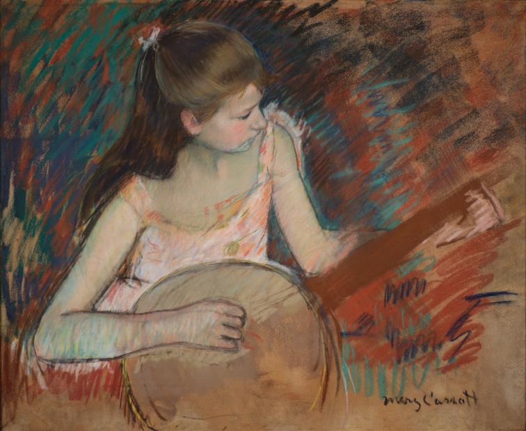 Mary Cassatt Jeune fille au banjo, 1894 Pastel sur papier vélin monté sur toile Sans cadre H. 58,42 ; L. 71,12 cm avec cadre H. 95 ; L. 108 ; EP. 7,5 cm Collection Musée d'Orsay Achat, 2026 © photo : Musée d’Orsay, dist. GrandPalaisRmn