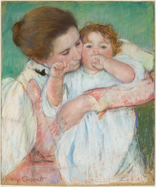Mary Cassatt Mère et enfant sur fond vert ou Maternité, 1897 Pastel sur papier beige collé sur châssis entoilé H. 55 ; L. 46 cm. Collection Musée d'Orsay Don Mary Cassatt, 1897 © photo : Musée d’Orsay, Dist. RMN-Grand Palais / Patrice Schmidt