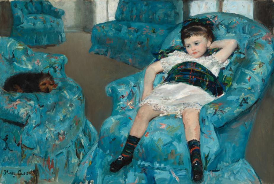 Mary Cassatt (1844-1926) Fillette dans un fauteuil bleu [Enfant dans le salon bleu], 1878 Huile sur toile 89,5 × 129,8 cm Collection Washington, National Gallery of Art, collection de M. et Mme Paul Mellon 1983.1.18 © photo : Courtesy of the National Gallery of Art, Washington DC