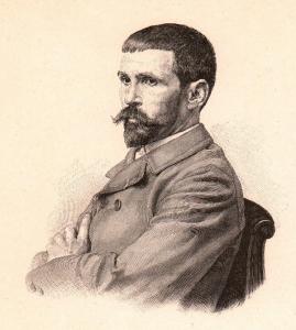 Portrait gravé d'un homme blanc, quarantenaire, les cheveux très courts et une moustache et barbe brune. Il porte un costume à large revers, avec deux rangs de boutonnage.