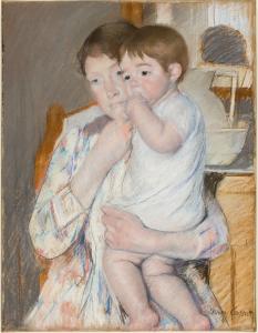 Mary Cassatt Femme et enfant devant une tablette où sont posés un broc et une cuvette, 1889 Pastel sur papier beige collé sur châssis entoilé H. 65 ; L. 50 cm. Collection Musée d'Orsay Donation sous réserve d'usufruit Jean-Pierre Hugot et Mlle Louis Hugot, 1968 © photo : Musée d’Orsay, Dist. RMN-Grand Palais / Patrice Schmidt